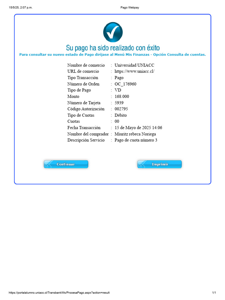 Consulta de Pago UNIACC: Orden OC_176960 | PDF