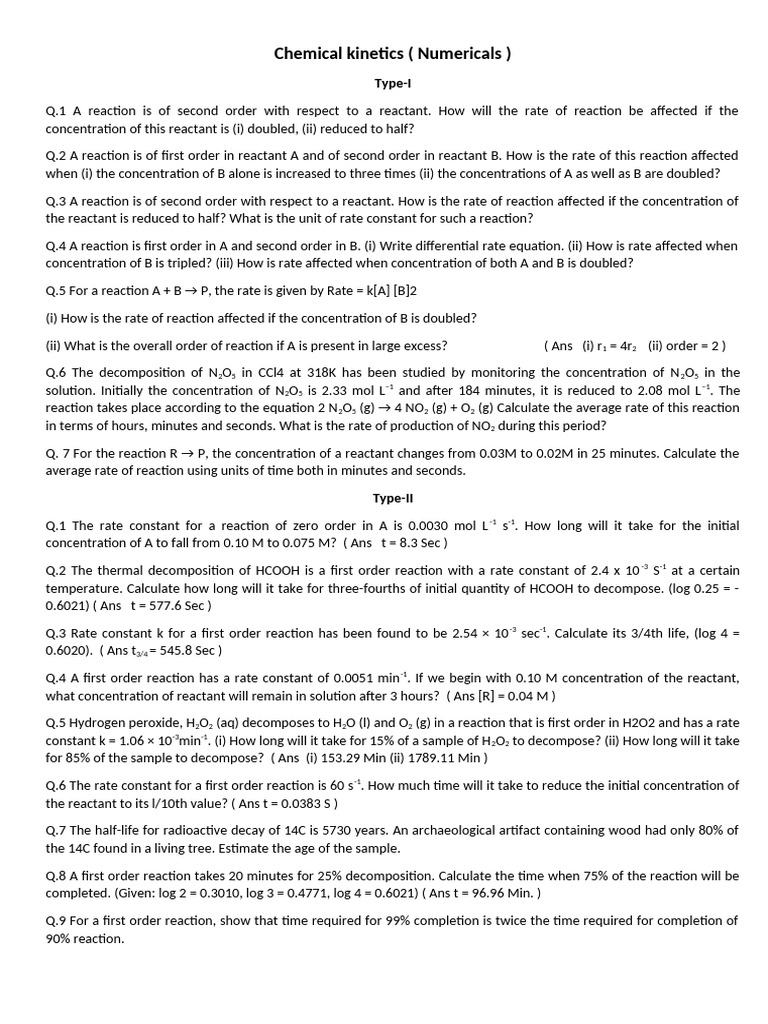 Chemical Kinetics Numerical Problems | PDF | Reaction Rate | Chemical ...