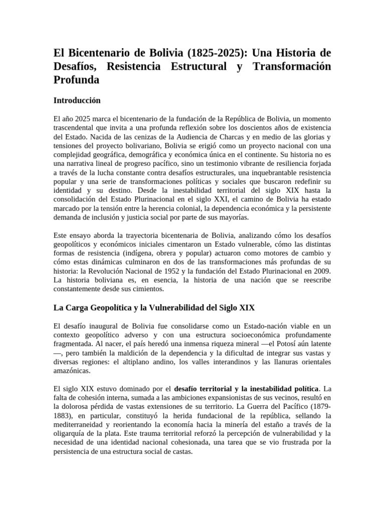 El Bicentenario de BoliviaENSAYO | PDF | Bolivia | Ciencias Políticas