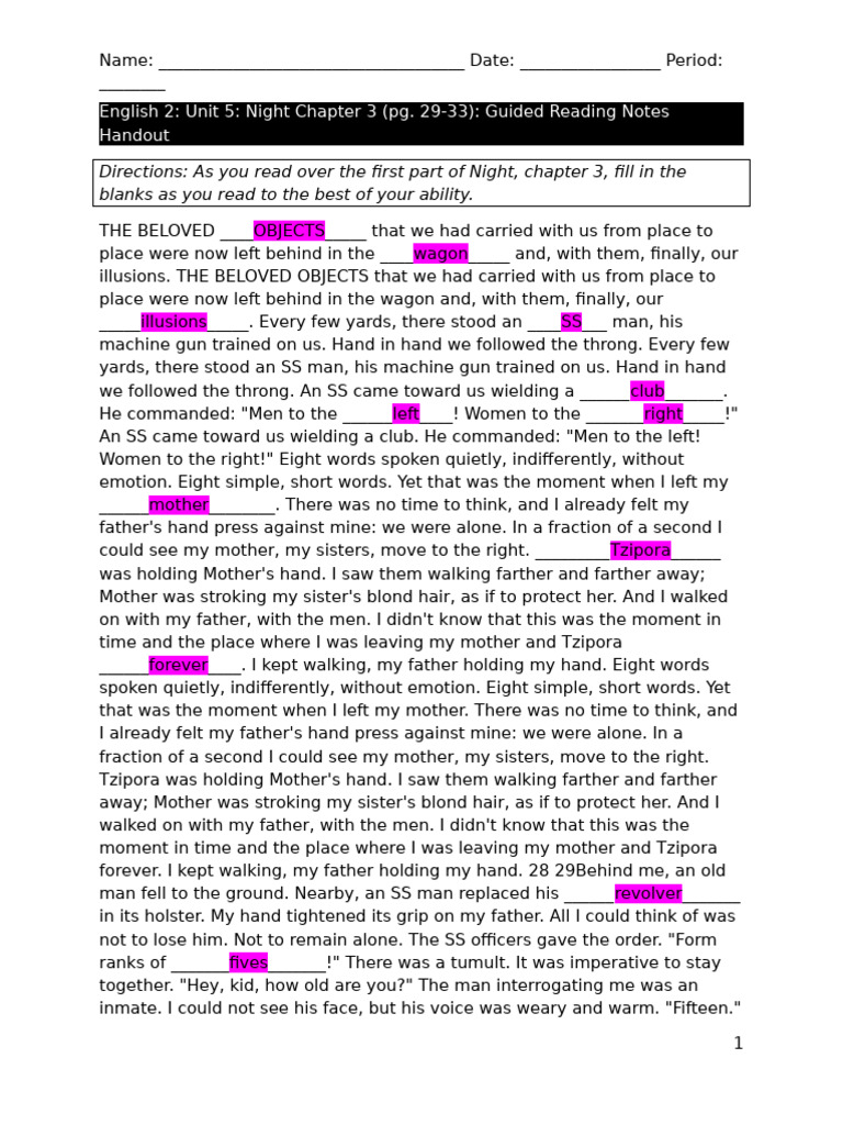 English+2 Unit+5 Night+Chapter+3+ (Pg.+29 33) Guided+Reading+Notes ...