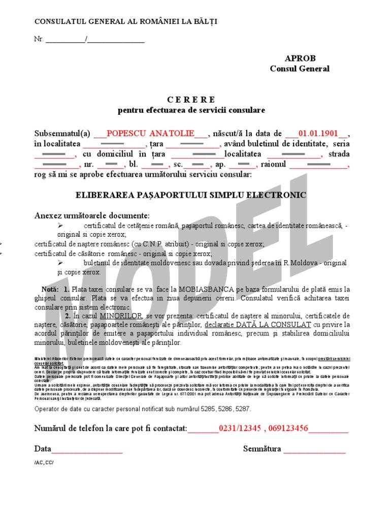 Model - Cerere Eliberare Pasaport | PDF