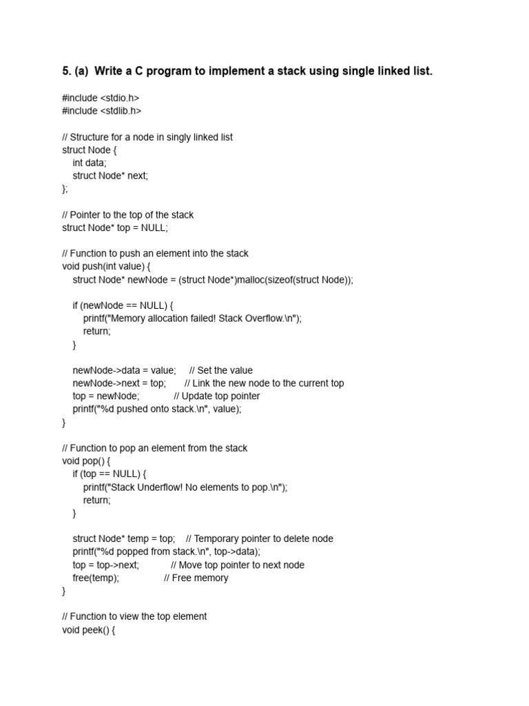 C Program for Stack with Linked List | PDF | Pointer (Computer ...