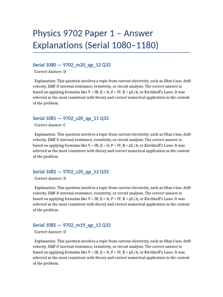 Physics 9702 Answer Explanations 1080 To 1180 | PDF | Electrical ...