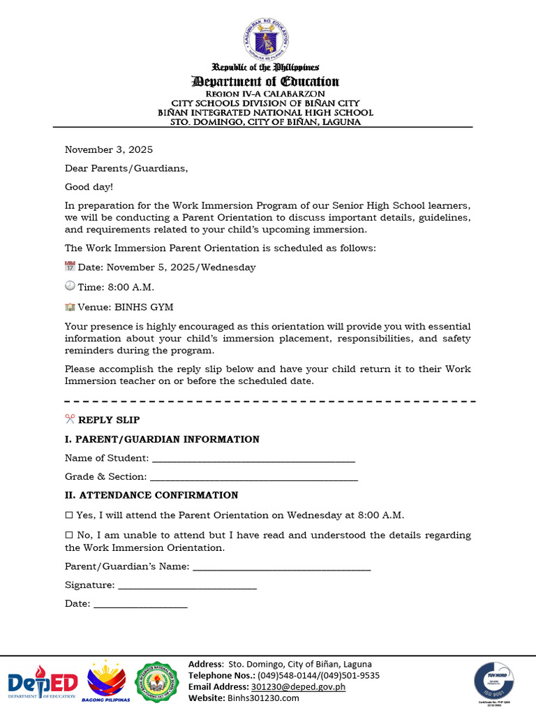 Work Immersion Parent Orientation Notice | PDF