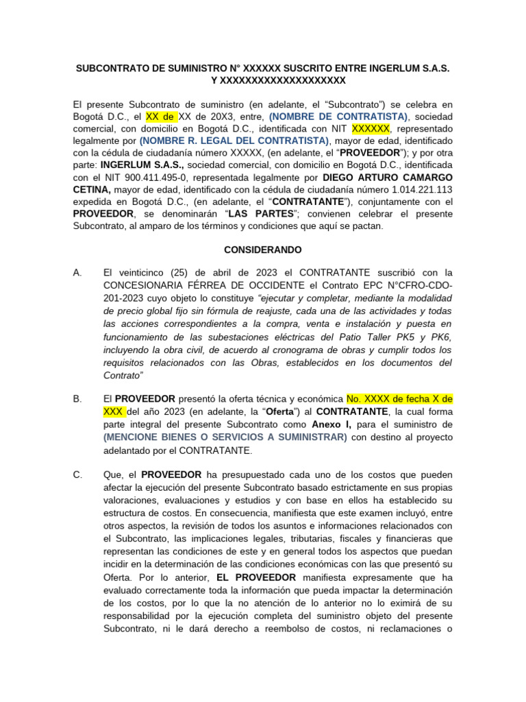 Subcontrato de Suministro INGERLUM S.A.S. | PDF | Póliza de seguros ...