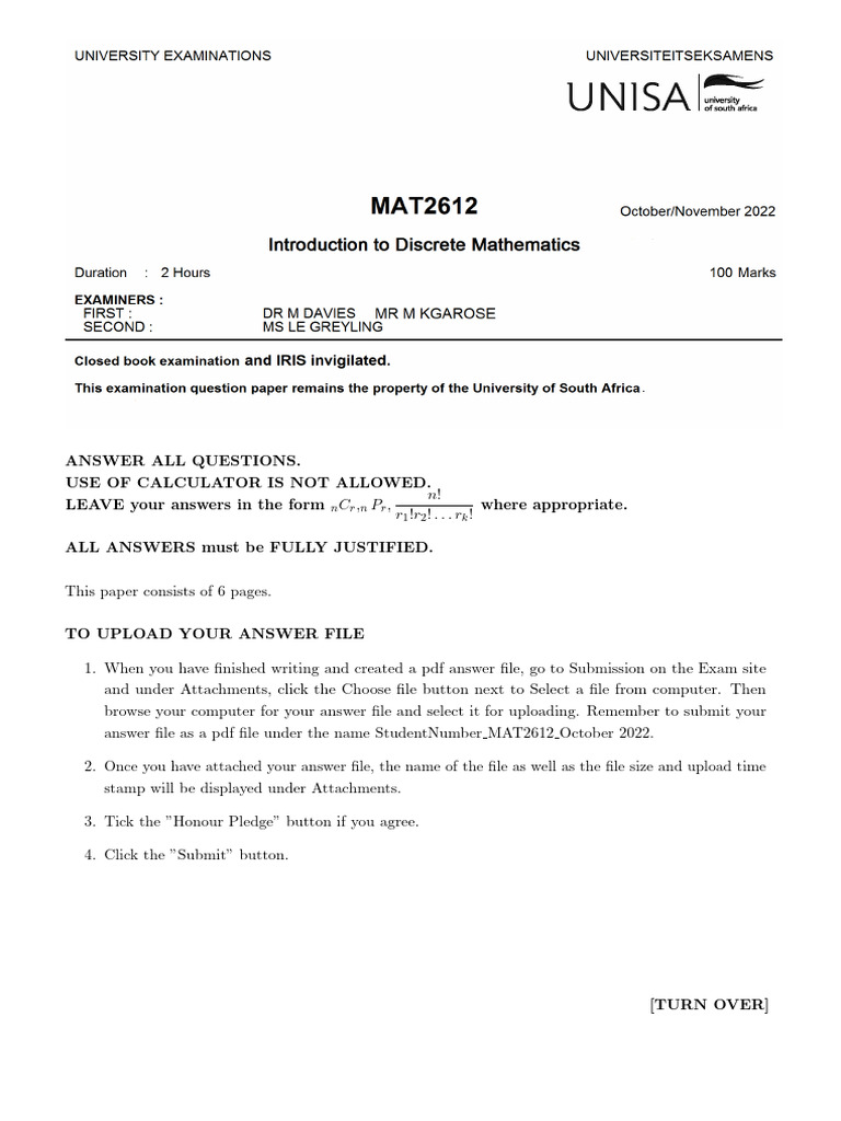 MAT2612-Exam October 2022 | PDF | Mathematical Concepts | Mathematics