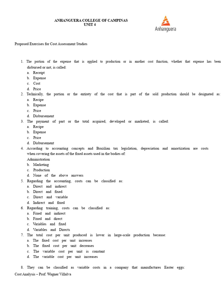 Cost Assessment Exercises for Students | PDF | Cost Of Goods Sold ...
