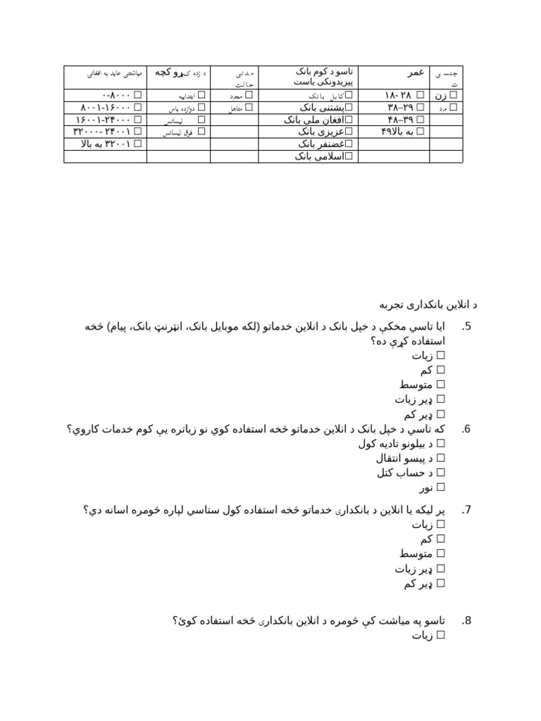 د الکترونیکي بانکدارۍ د میلان د معلومولو پوښتنلیک | PDF