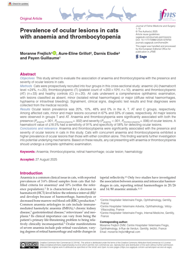 Frejlich Et Al 2025 Prevalence of Ocular Lesions in Cats With Anaemia ... - Anaemia Management For Cats With Ic