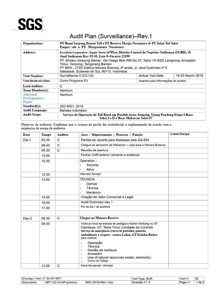 Plano de Auditoria Sgs Iso 9001 | PDF
