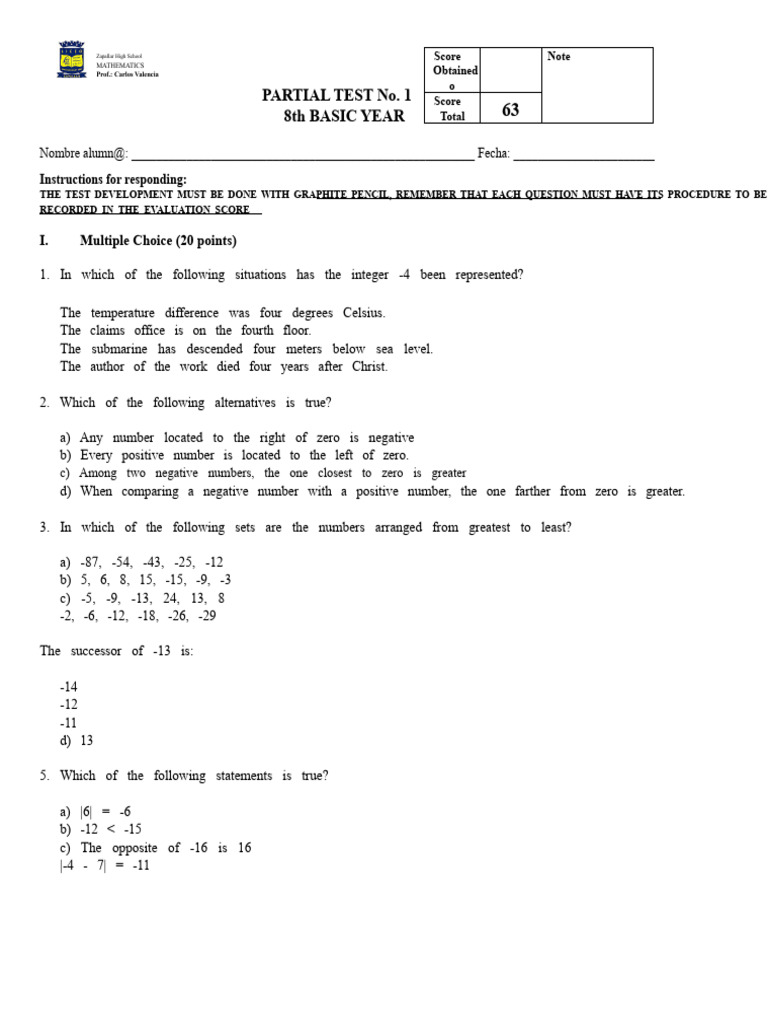 8th Grade Math Partial Test Guide | PDF | Multiplication | Numbers