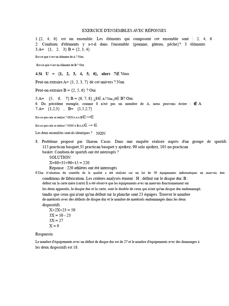 Exercices sur les ensembles et solutions | PDF