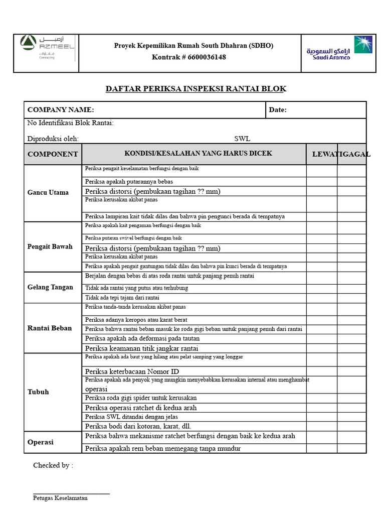 Daftar Periksa Inspeksi Rantai Blok SDHO | PDF