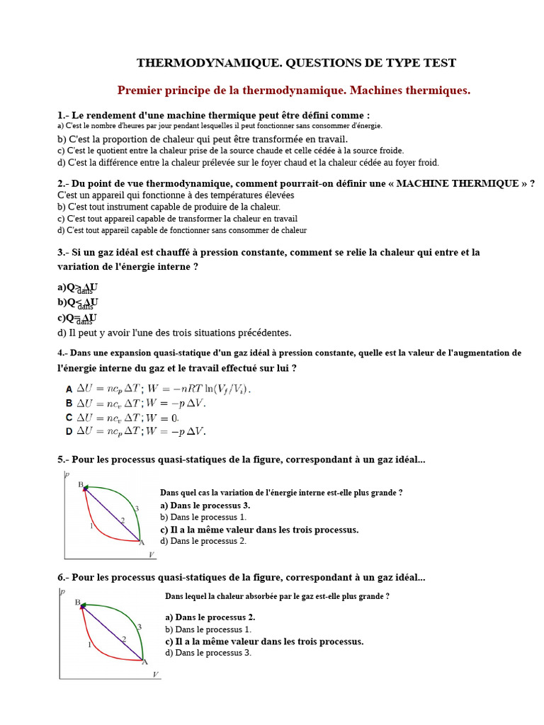 Questions de thermodynamique et machines | PDF | Chaleur | Thermodynamique