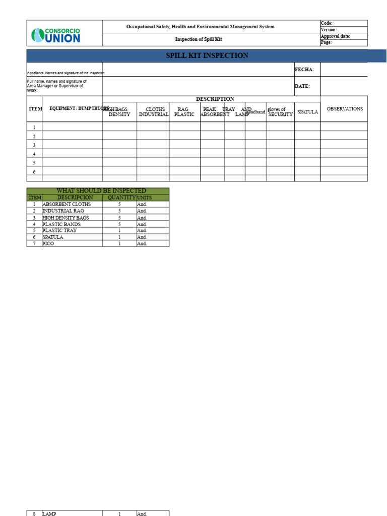 Spill Kit Inspection Checklist Template | PDF | Workplace | Working ...
