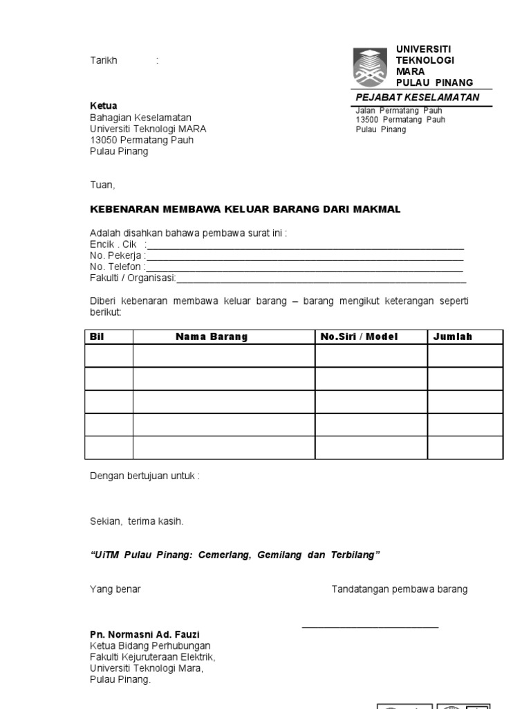 Contoh Surat Membawa Barang Keluar
