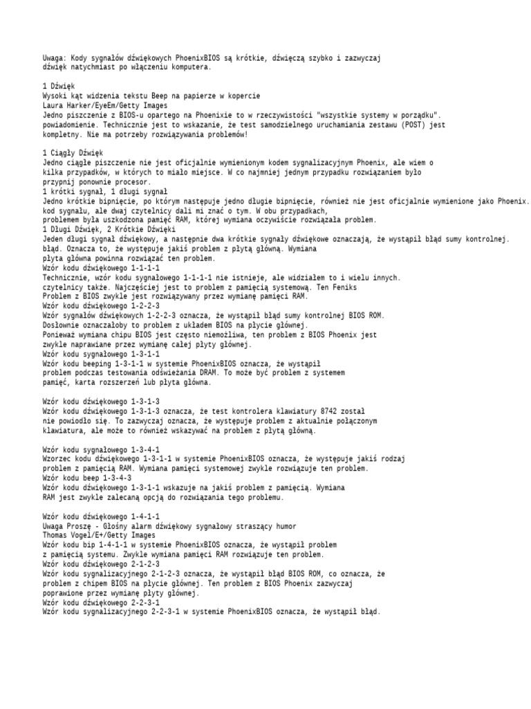 Diagnostyka Kodu Sygnałowego Phoenix (PhoenixBIOS) | PDF