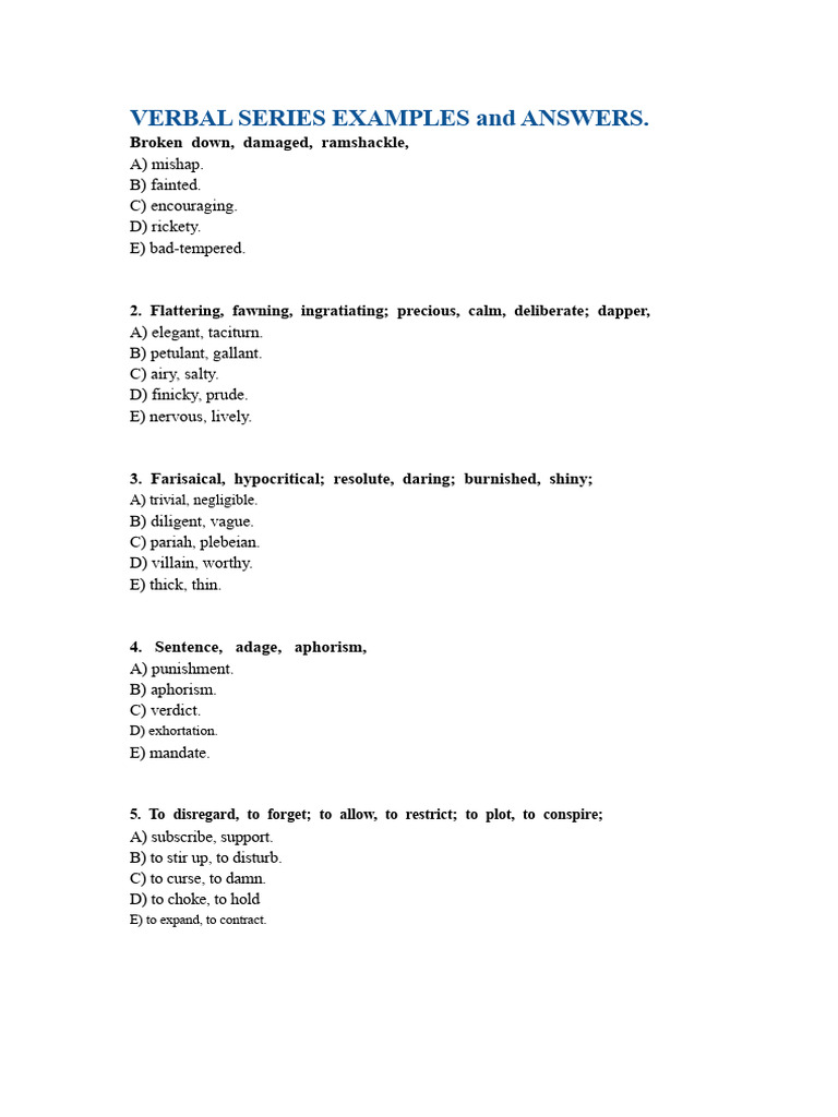 Verbal Series Examples and Answers | PDF