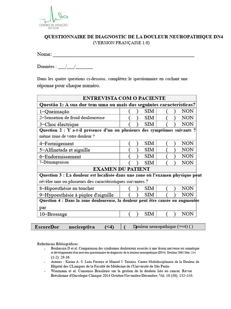 Questionnaire DN4 pour la douleur neuropathique | PDF | Douleur | Médecine