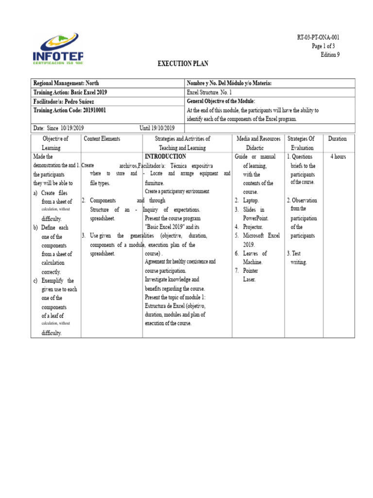 Basic Excel 2019 Training Plan | PDF | Microsoft Excel | Learning
