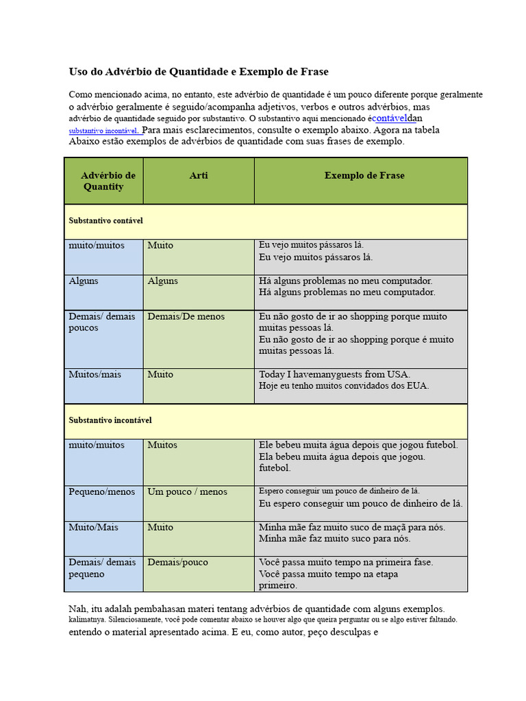 Uso de Advérbios de Quantidade | PDF | Substantivo | Famílias linguísticas
