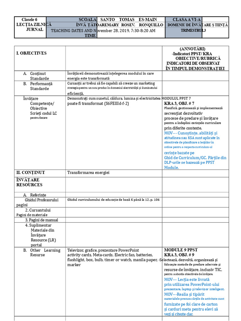 COT DLP Știință 6-TRANSFORMAREA ENERGIEI | PDF