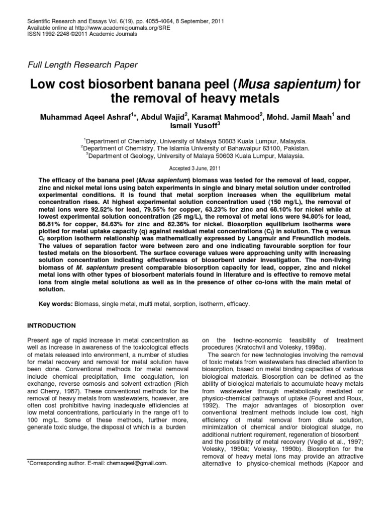 Banana Peel, in Scientific Research and Essay PDF Adsorption Zinc