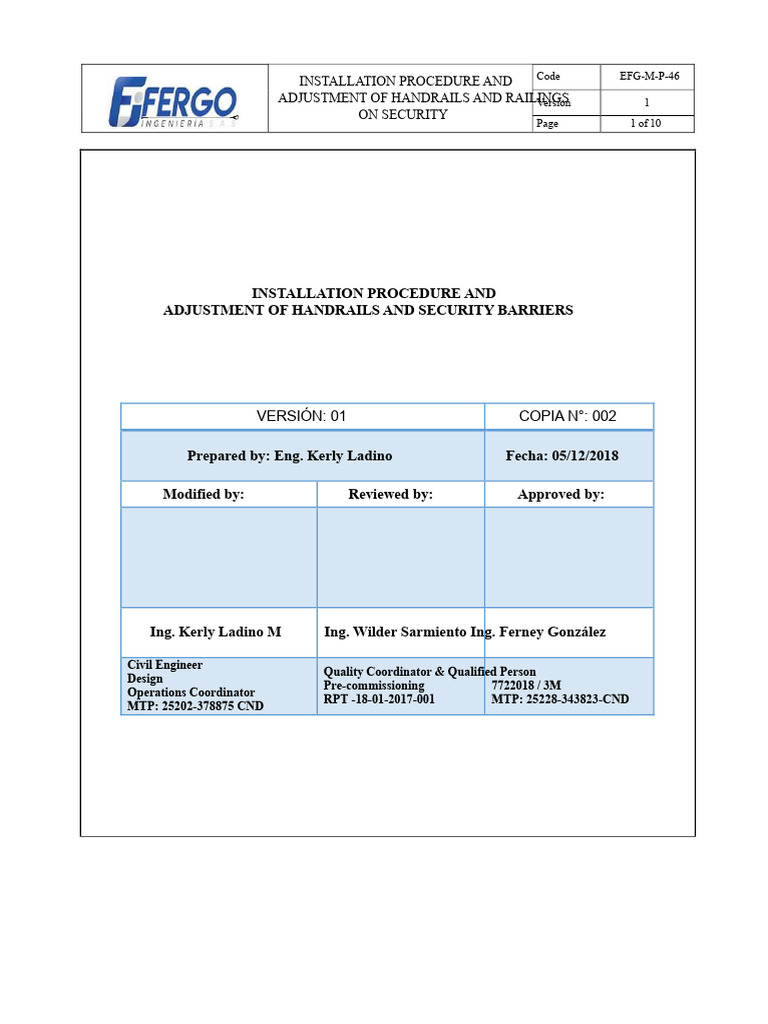 Installation and Adjustment Procedure For Handrails and Safety Barriers ...