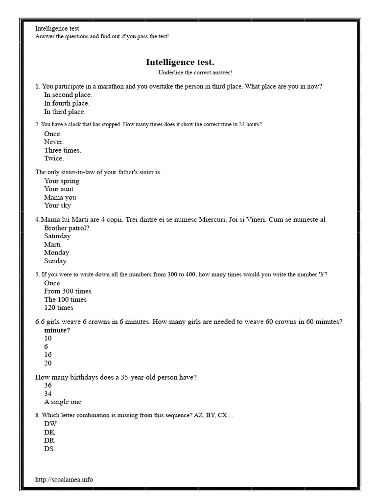 Fun Intelligence Test Questions | PDF