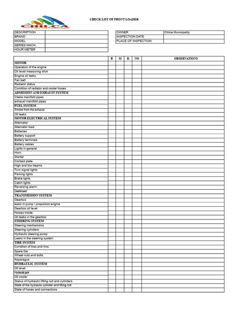 Front Loader Inspection Checklist | PDF