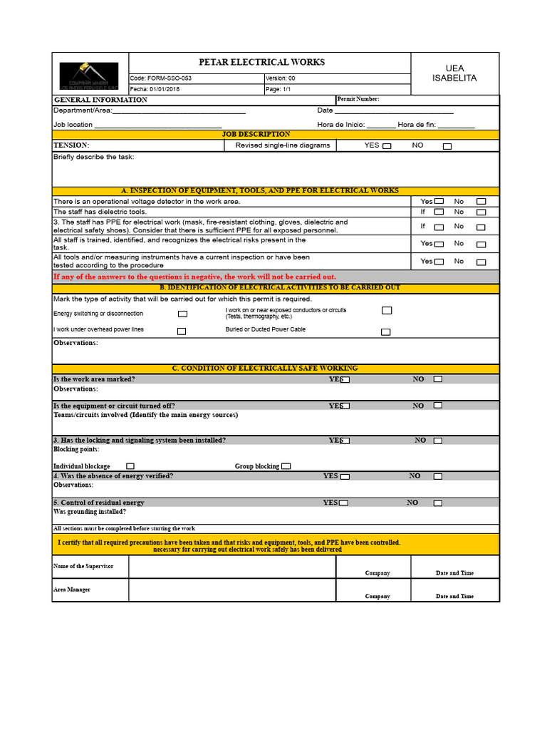 Electrical Safety Work Permit Checklist | PDF | Personal Protective ...