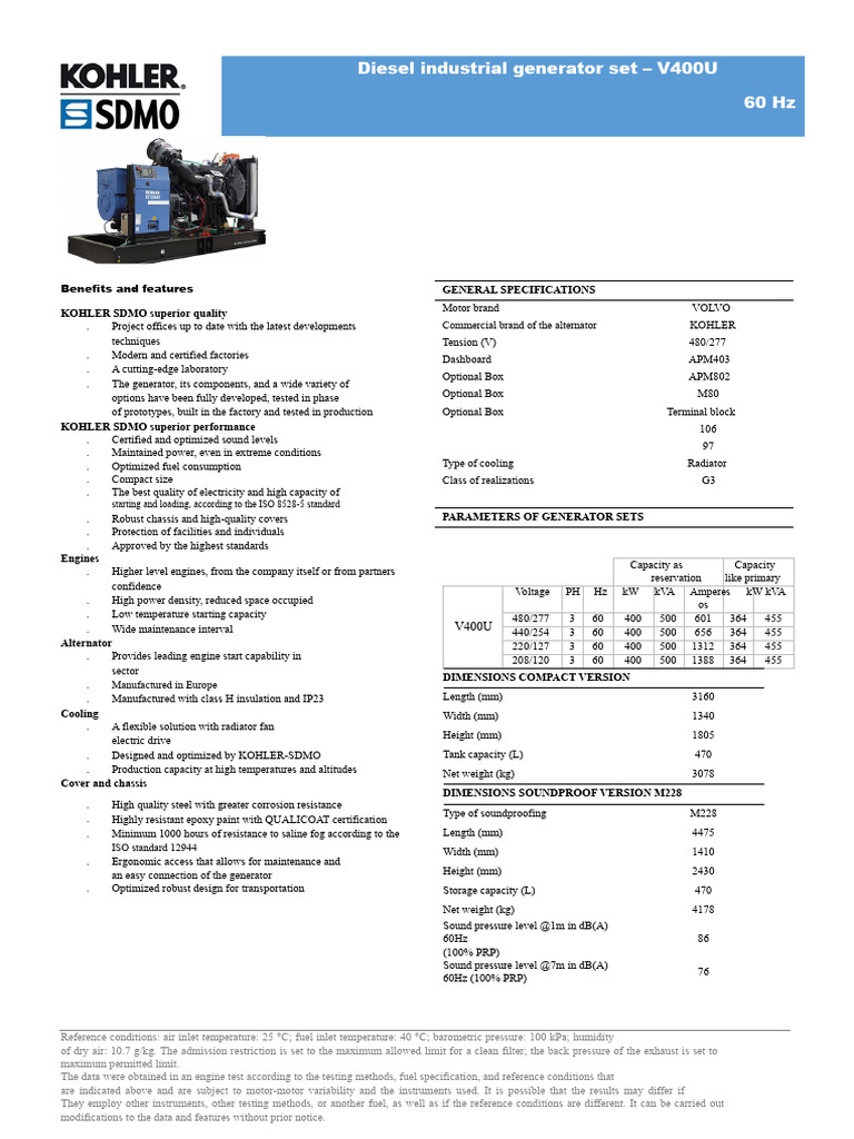 Diesel Generator Set V400U Specifications | PDF | Engines | Diesel Engine