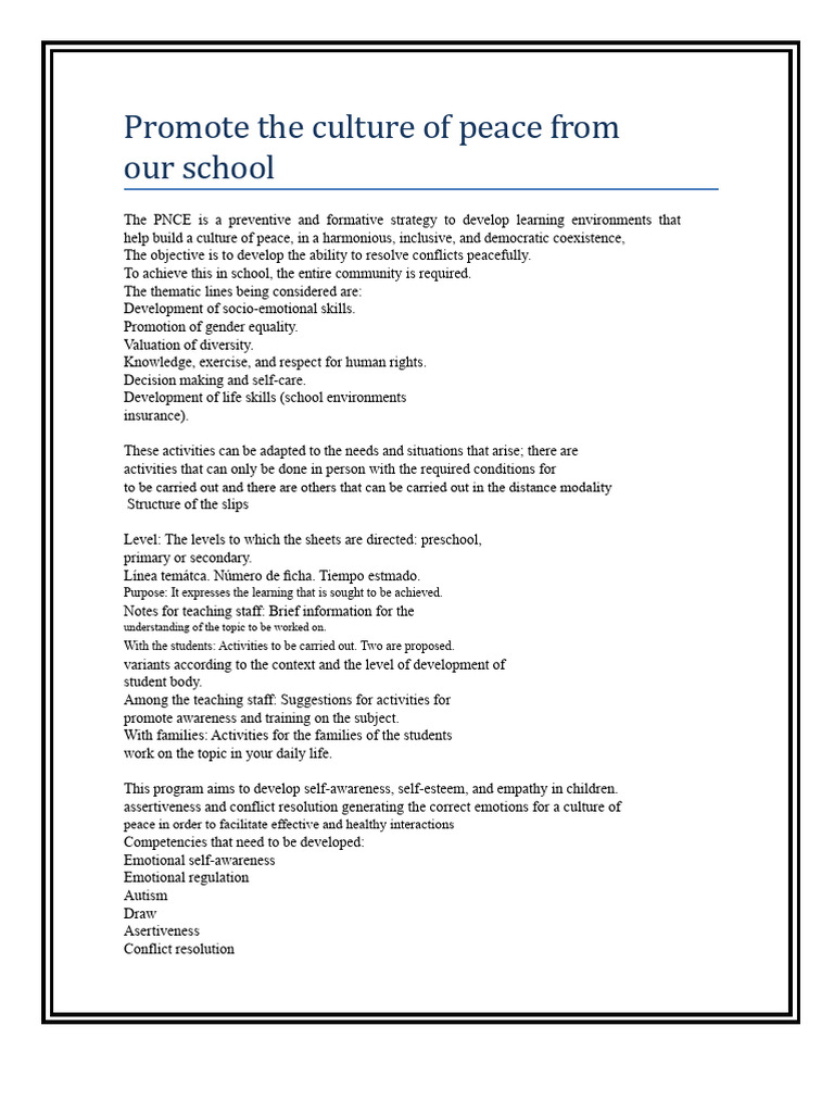 Promoting A Culture of Peace From Our School | PDF | Learning | Emotions