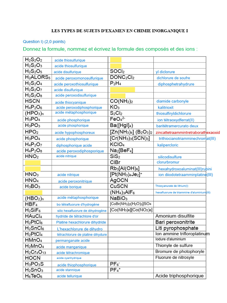 Sujets d'examen en chimie inorganique I | PDF | Acide | Chimie