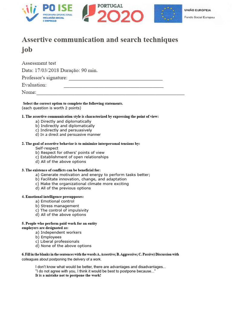 Assertive Communication Assessment Test | PDF | Communication | Employment