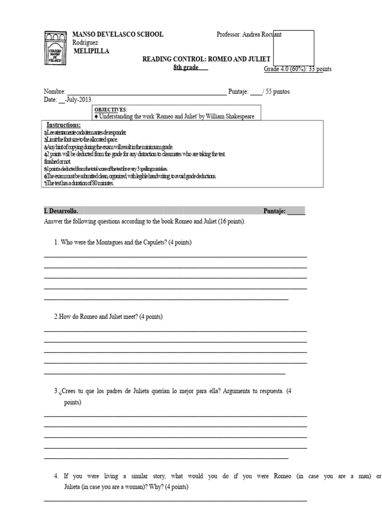 8th Grade Romeo and Juliet Exam Guide | PDF | Characters In Romeo And ...