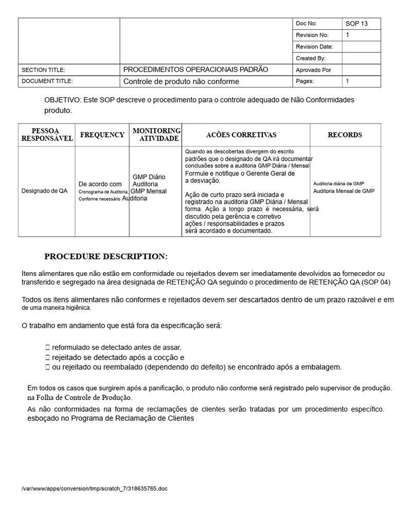 Controle de Produto Não Conforme SOP | PDF