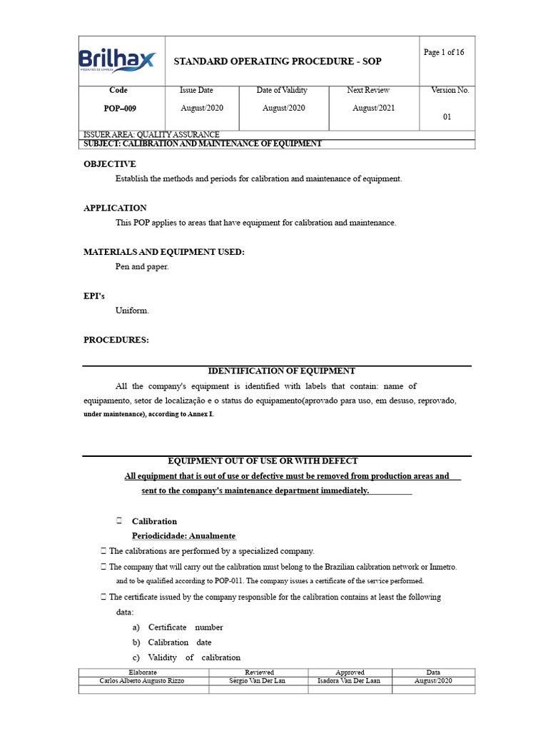 POP - 009 - Calibration and Maintenance of Equipment | PDF ...