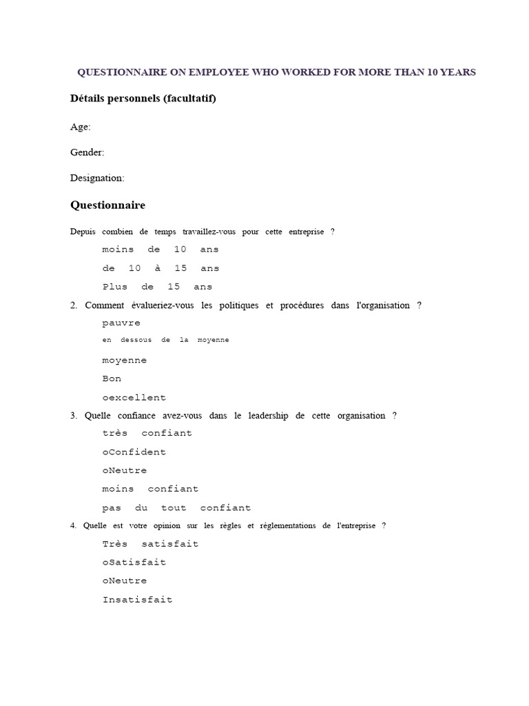 Questionnaire pour employés de plus de 10 ans | PDF