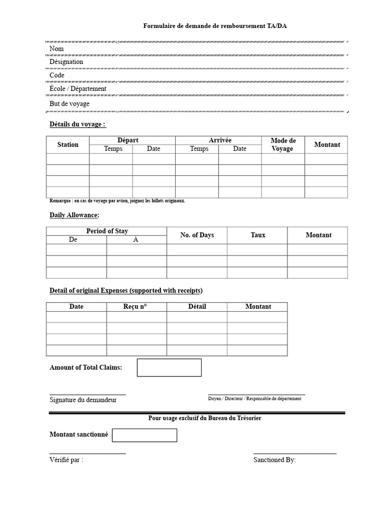 Formulaire Remboursement TA/DA | PDF