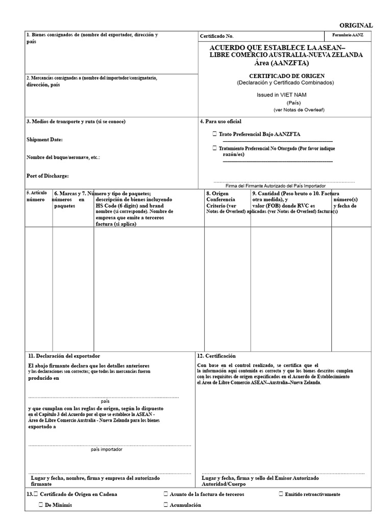 Certificado de Origen AANZFTA | PDF | Comercio | El comercio internacional