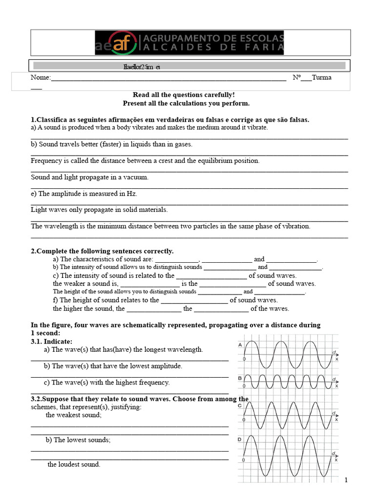 Sound and Light Waves Worksheet | PDF | Sound | Waves
