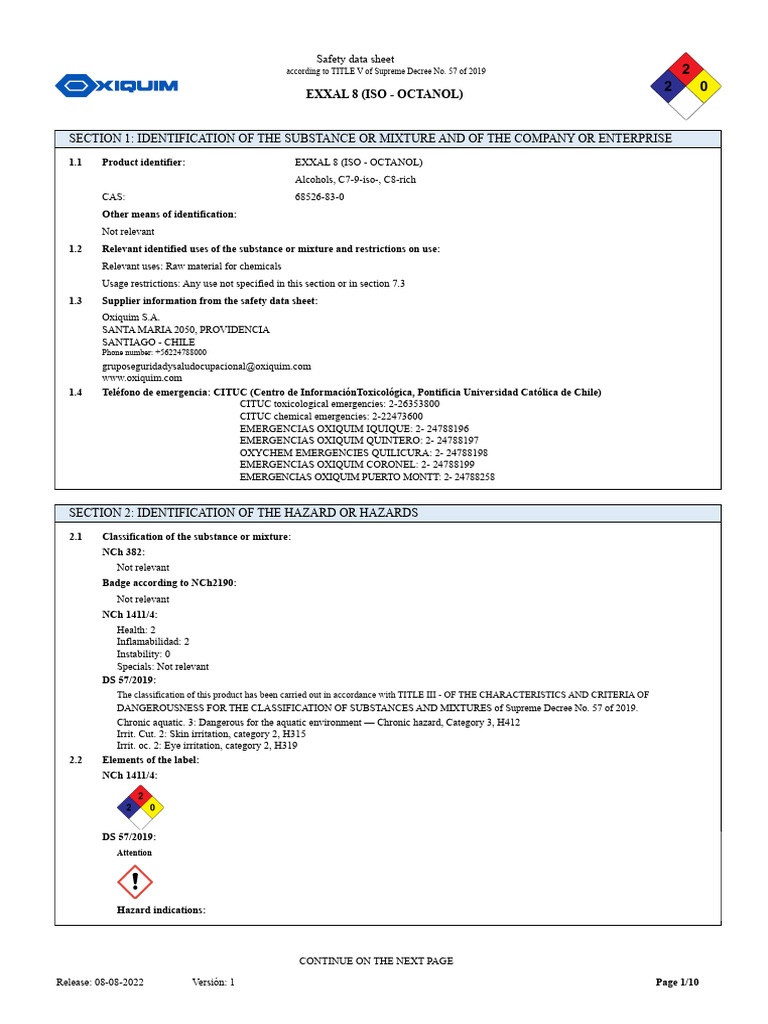 EXXAL 8 Safety Data Sheet Overview | PDF | Dangerous Goods | Toxicity