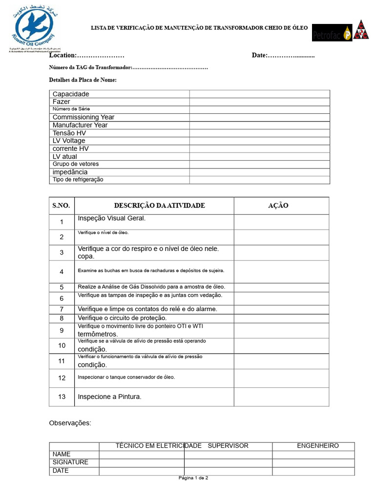 Checklist de Manutenção de Transformador | PDF | Relé | Eletromagnetismo