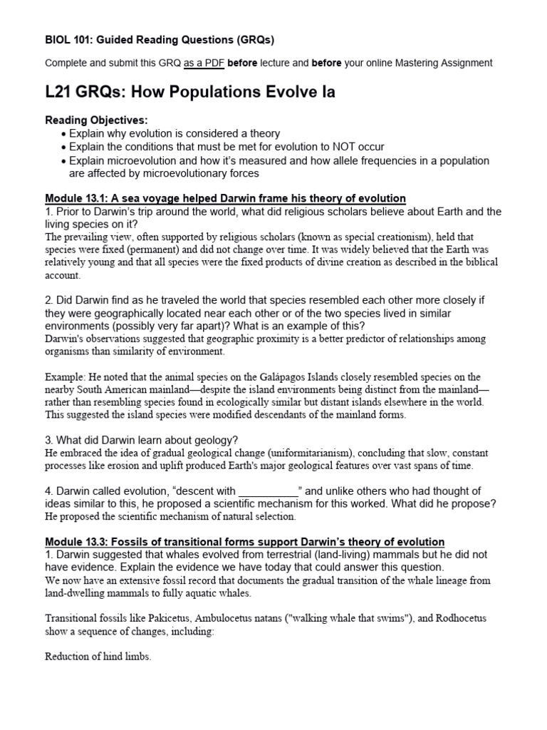 Lesson+21 GRQs How+Populations+Evolve+Part+1 | PDF | Natural Selection ...