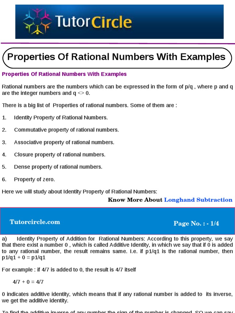 Properties of Rational Numbers With Examples | PDF | Rational Number ...