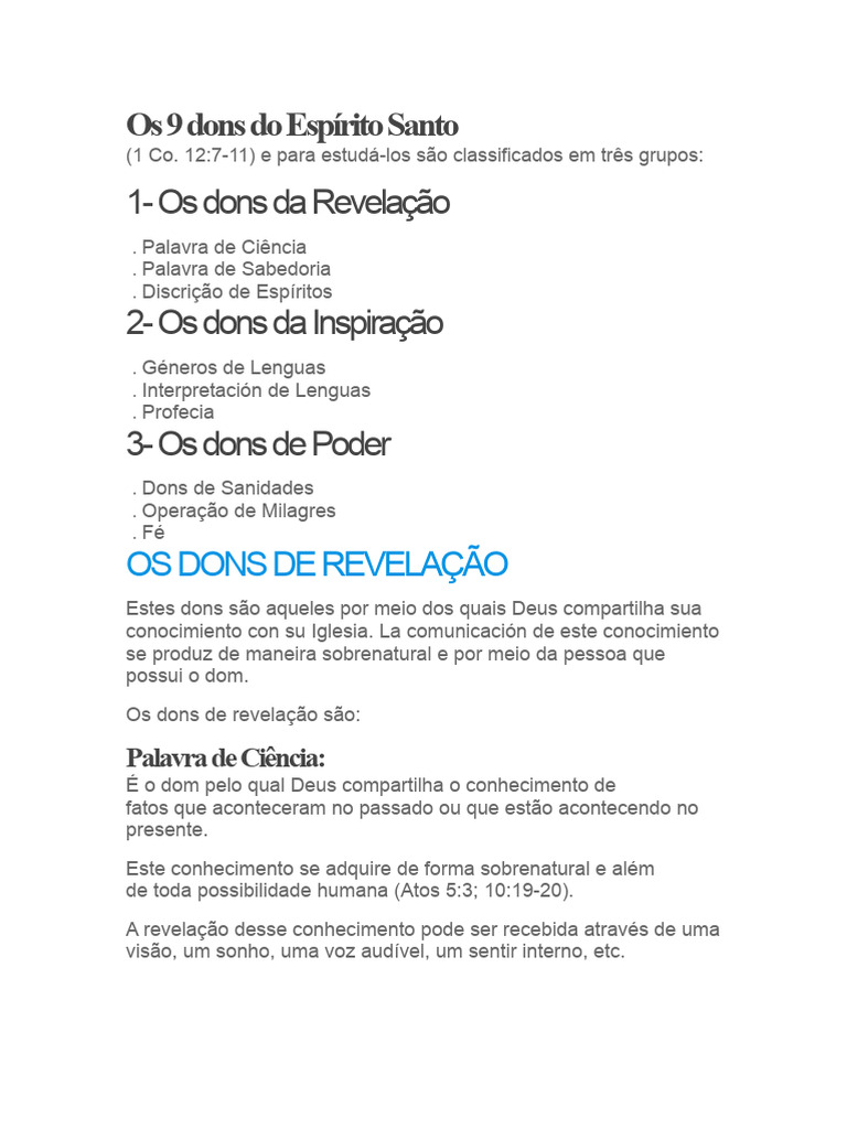 Os 9 Dons do Espírito Santo Explicados | PDF | Presente espiritual ...