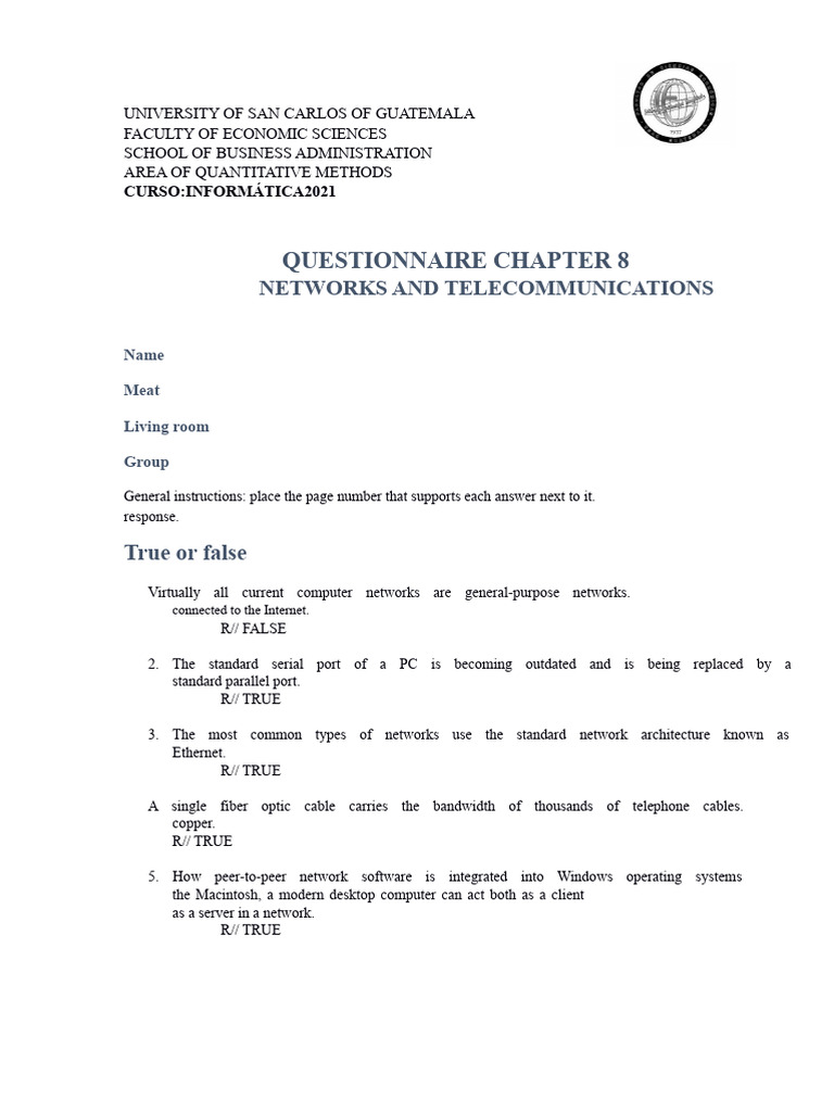 Networks and Telecommunications Questionnaire | PDF | Computer Network ...