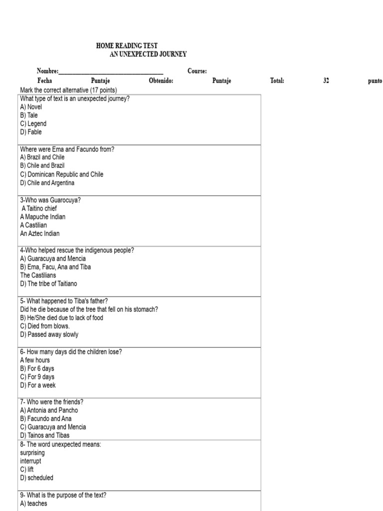 Home Reading Test: Unexpected Journey | PDF | Linguistics | Linguistic ...