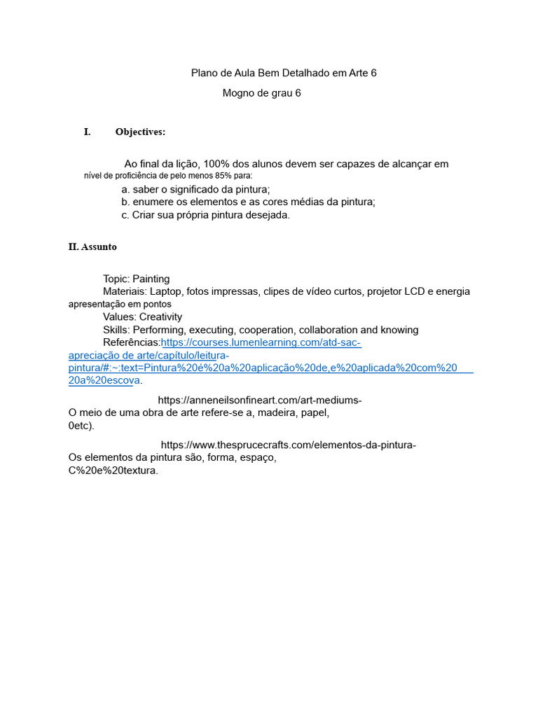 Plano de Aula: Pintura para 6º Ano | PDF | Pinturas | Tinta